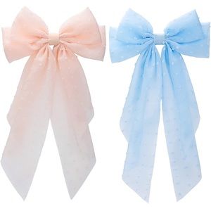 2PCS Large Hair Bows French Barrette Bowknot with Long Tail (Pink,Blue)